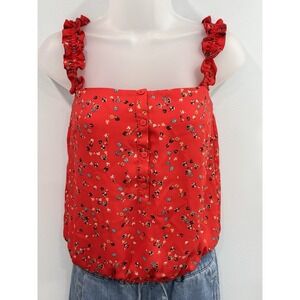 Aqua Red Floral Ruffle Strap Cami Tank Top Button Front XS Cottagecore